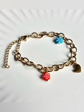 Gold Chain Charm Bracelet with Red & Blue Flower Charms
